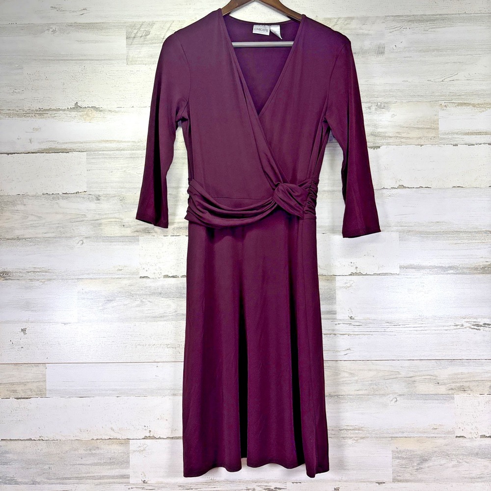 Chicos Plum Purple Stretchy 3/4 Sleeve Over Knee Fit & Flare Wrap Dress 1/US 8